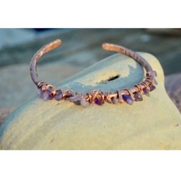 Genuine Amethyst Copper Gemstone Cuff Bracelet - Picture 5 of 6